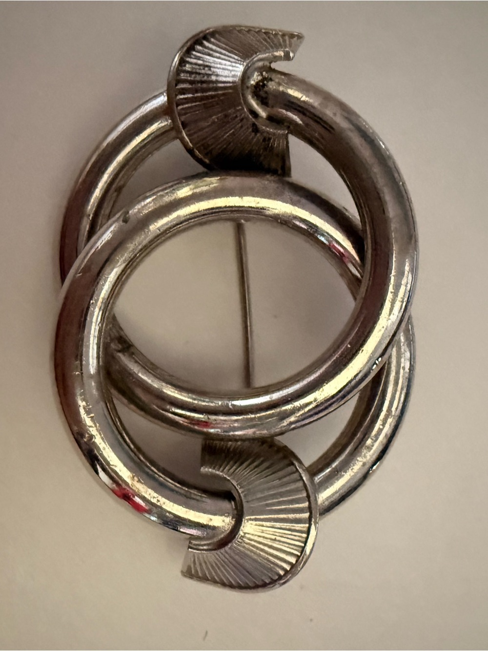 Vintage Silver Tone Modernist Brooch Interlocking Oval Geometric Statement Pin